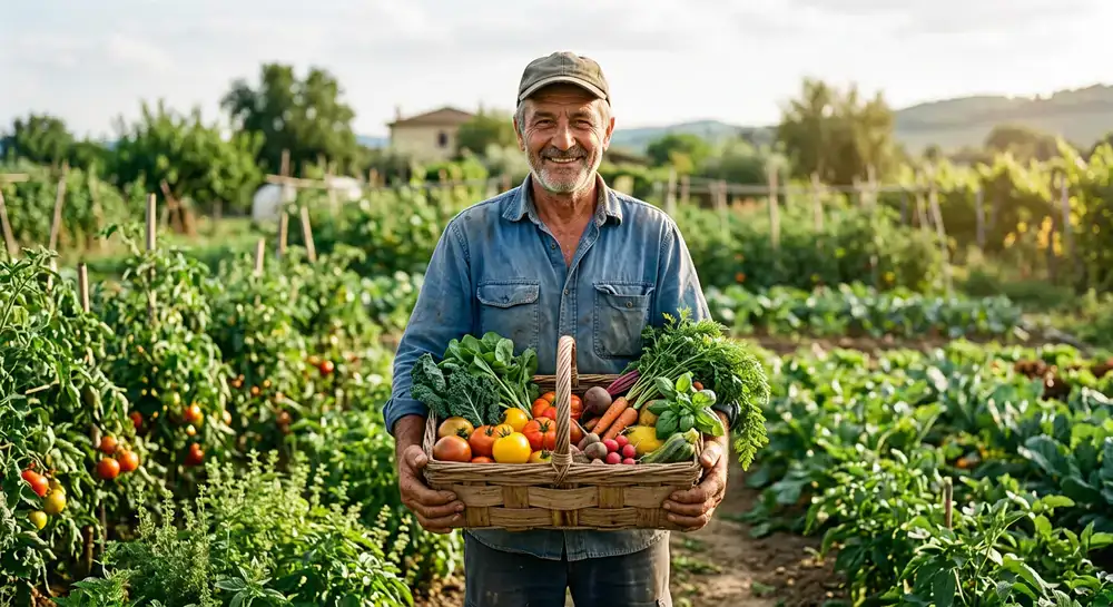 Ritratto documentaristico di un agricoltore locale con una cesta di verdure biologiche fresche