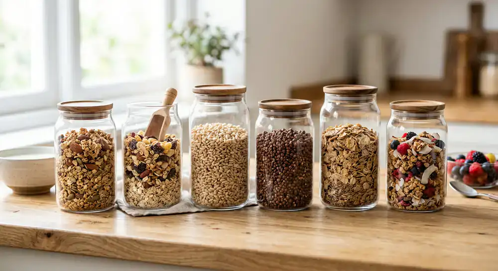 Assortimento di cereali biologici in barattoli di vetro