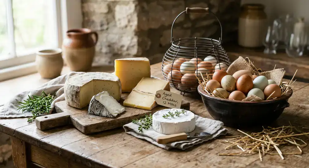 Uova fresche e formaggi artigianali su un tavolo di legno