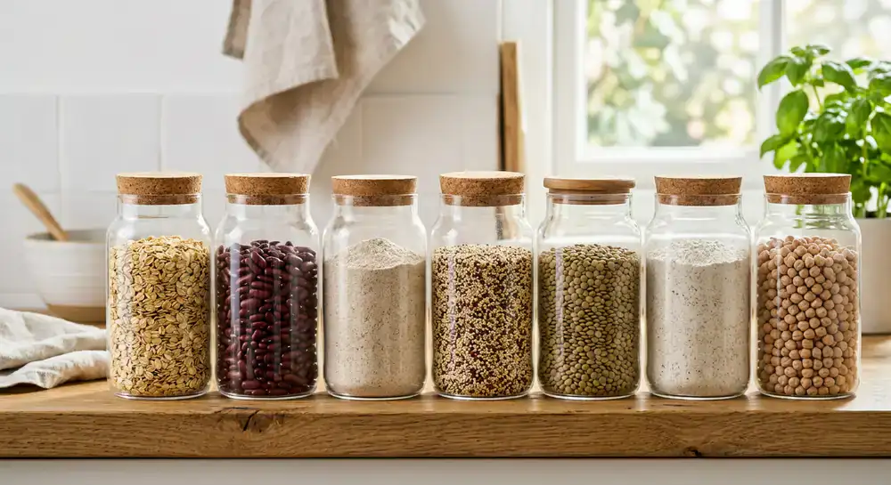 Barattoli di vetro contenenti cereali, legumi e farine biologiche
