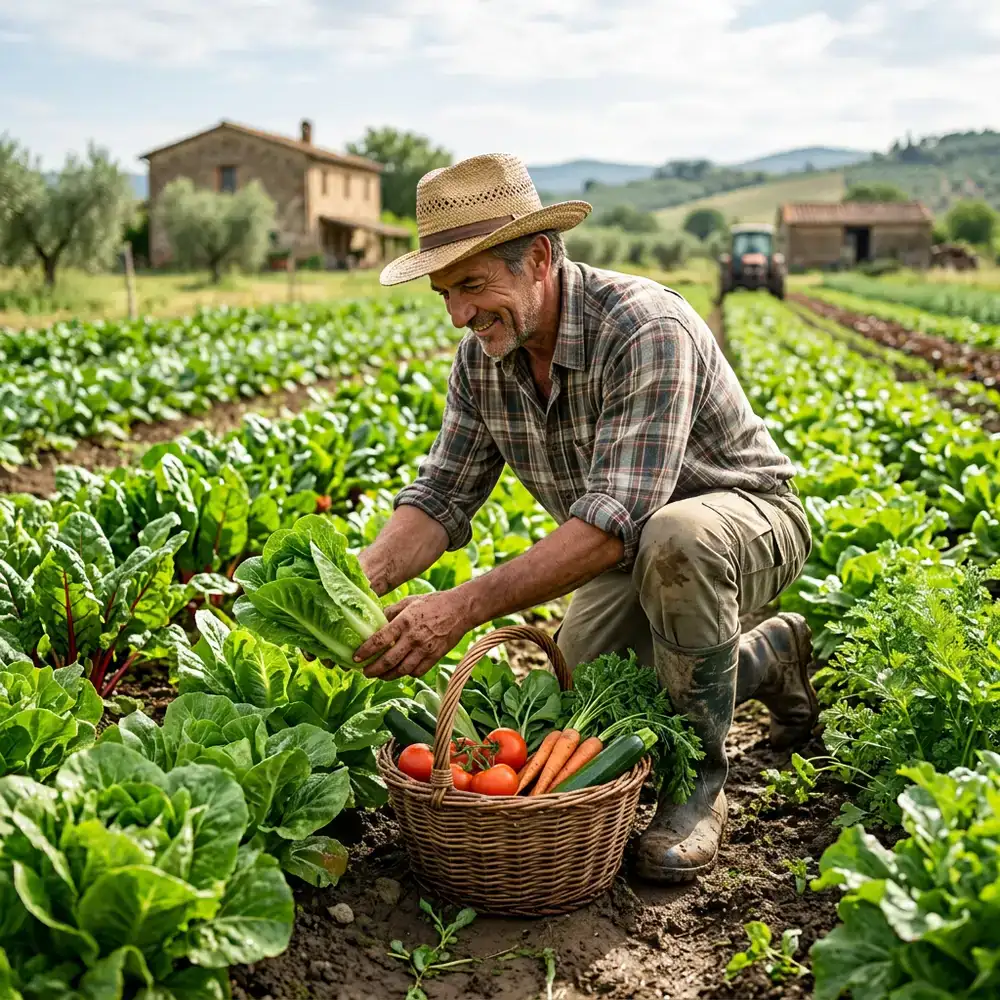 Agricoltore locale che raccoglie ortaggi freschi nel campo