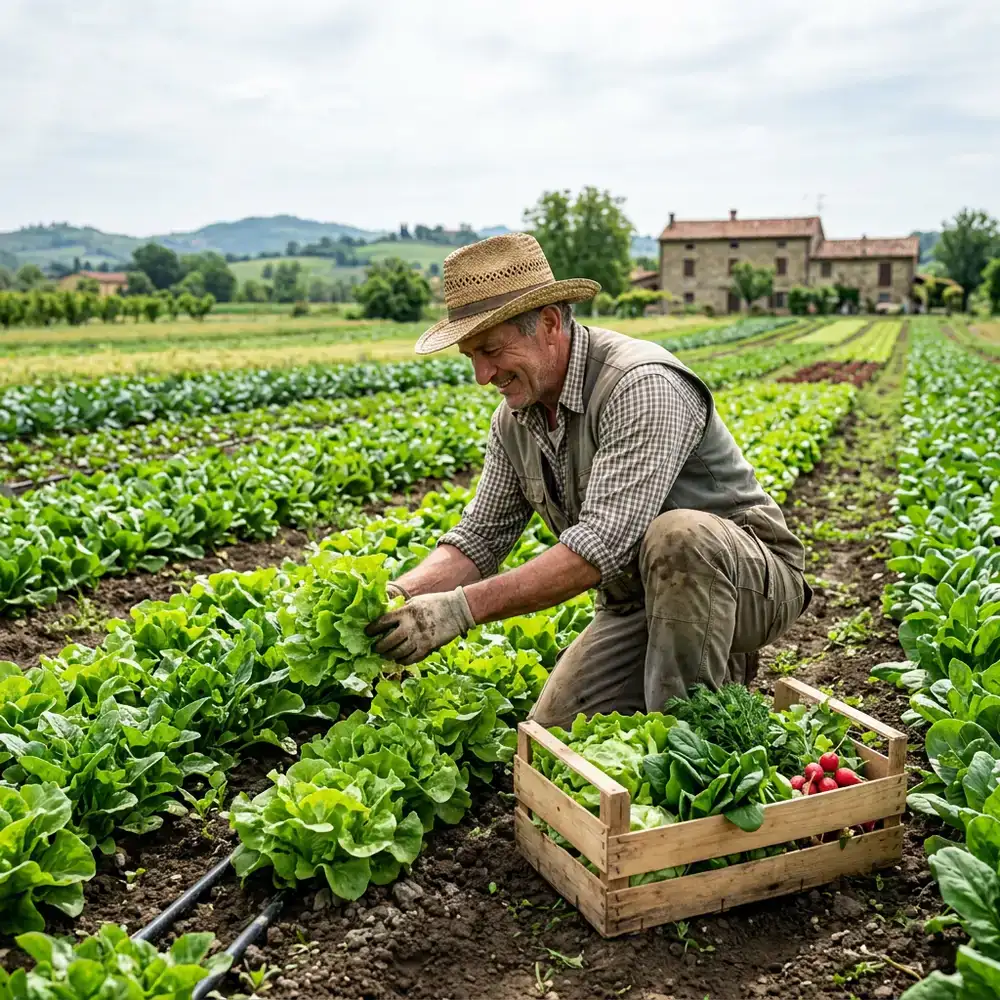 Agricoltore che raccoglie verdura nei campi bolognesi