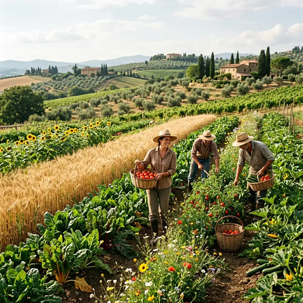 Campo coltivato con metodo biologico durante la stagione del raccolto in Italia