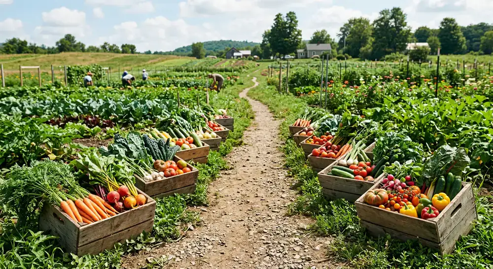 Cesta ricca di verdure biologiche appena raccolte in un campo agricolo
